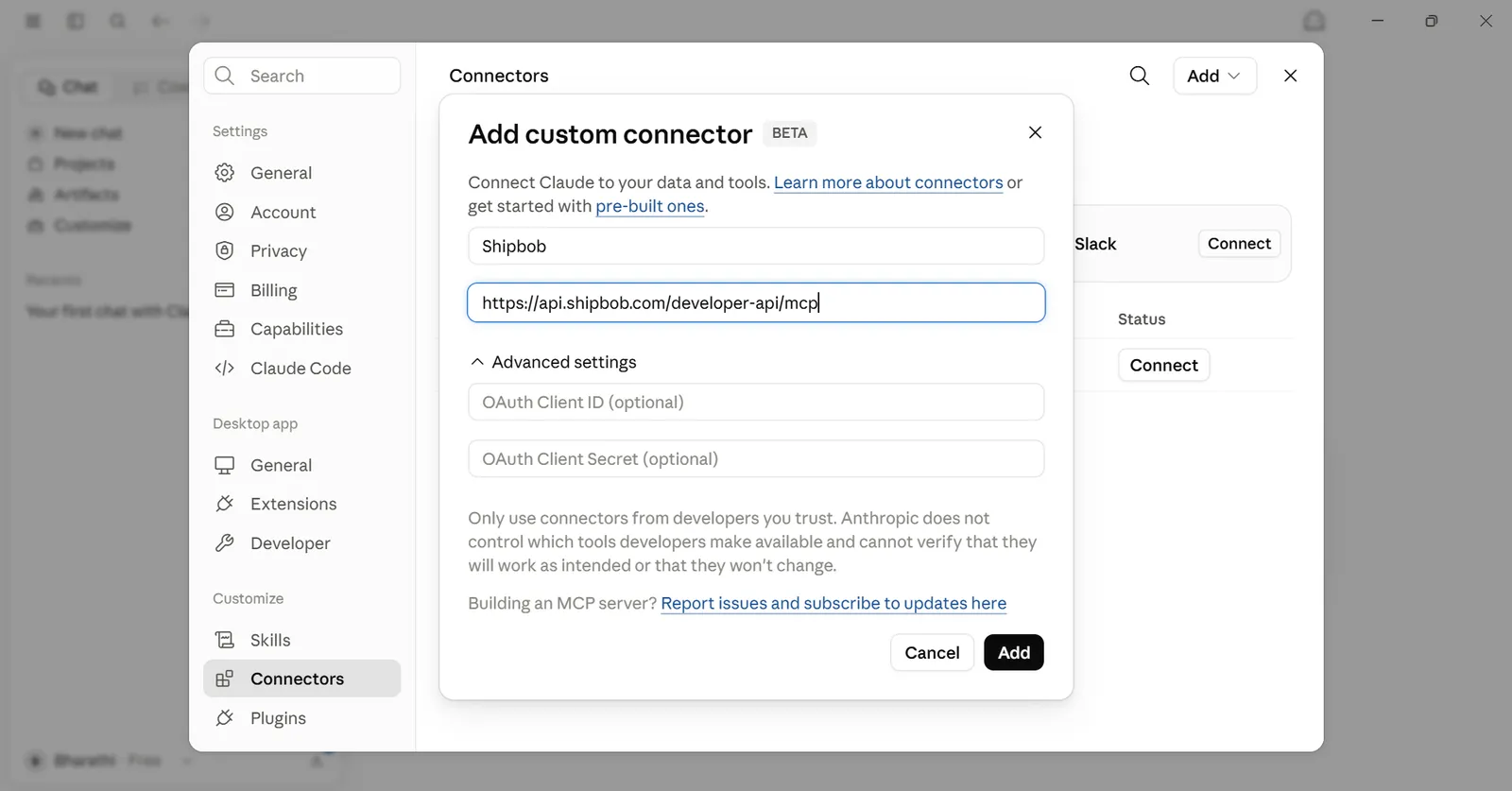 Add custom connector dialog in Claude Desktop with Name = ShipBob and URL populated