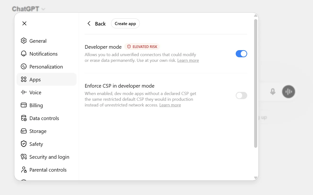 ChatGPT Settings → Connectors → Advanced settings with Developer mode toggled on